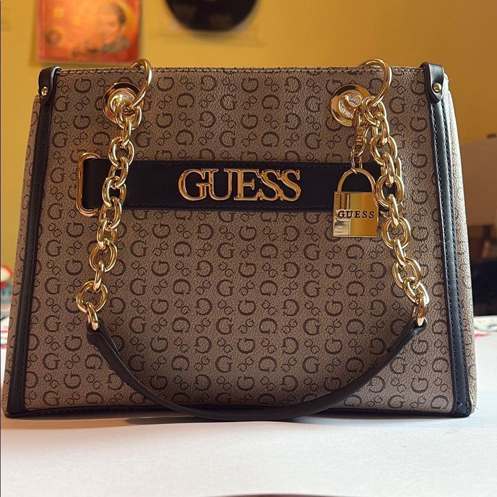 Guess Brown and Gold Satchel with Monogram Design